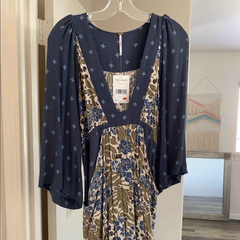 Free people midi above knee blue combo dress